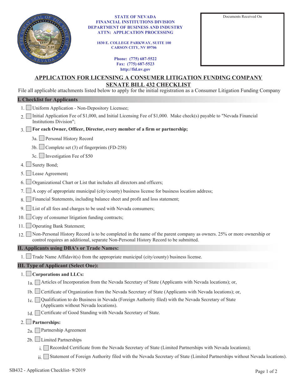 Application for Licensing a Consumer Litigation Funding Company Senate Bill 432 Checklist - Nevada, Page 1