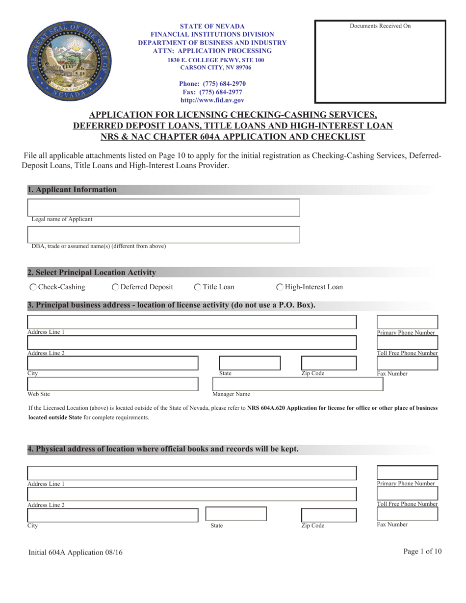 Application for Licensing Checking-Cashing Services, Deferred Deposit Loans, Title Loans and High-Interest Loan Nrs  Nac Chapter 604a Application and Checklist - Nevada, Page 1