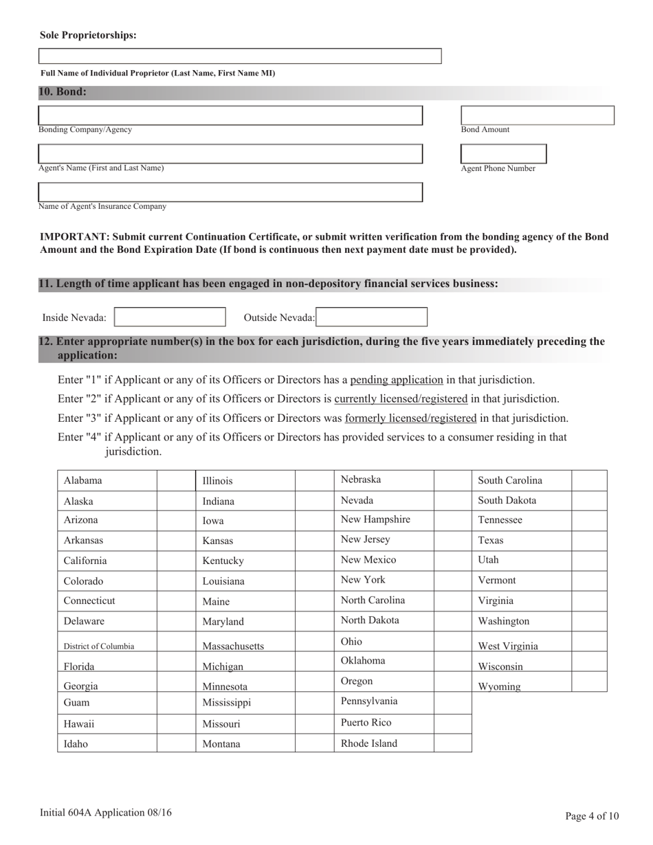 Application for Licensing Checking-Cashing Services, Deferred Deposit Loans, Title Loans and High-Interest Loan Nrs  Nac Chapter 604a Application and Checklist - Nevada, Page 4
