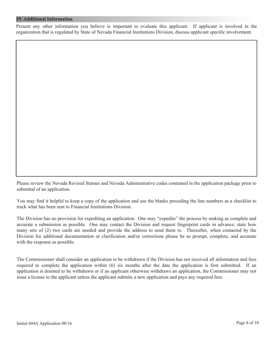 Application for Licensing Checking-Cashing Services, Deferred Deposit Loans, Title Loans and High-Interest Loan Nrs  Nac Chapter 604a Application and Checklist - Nevada, Page 8