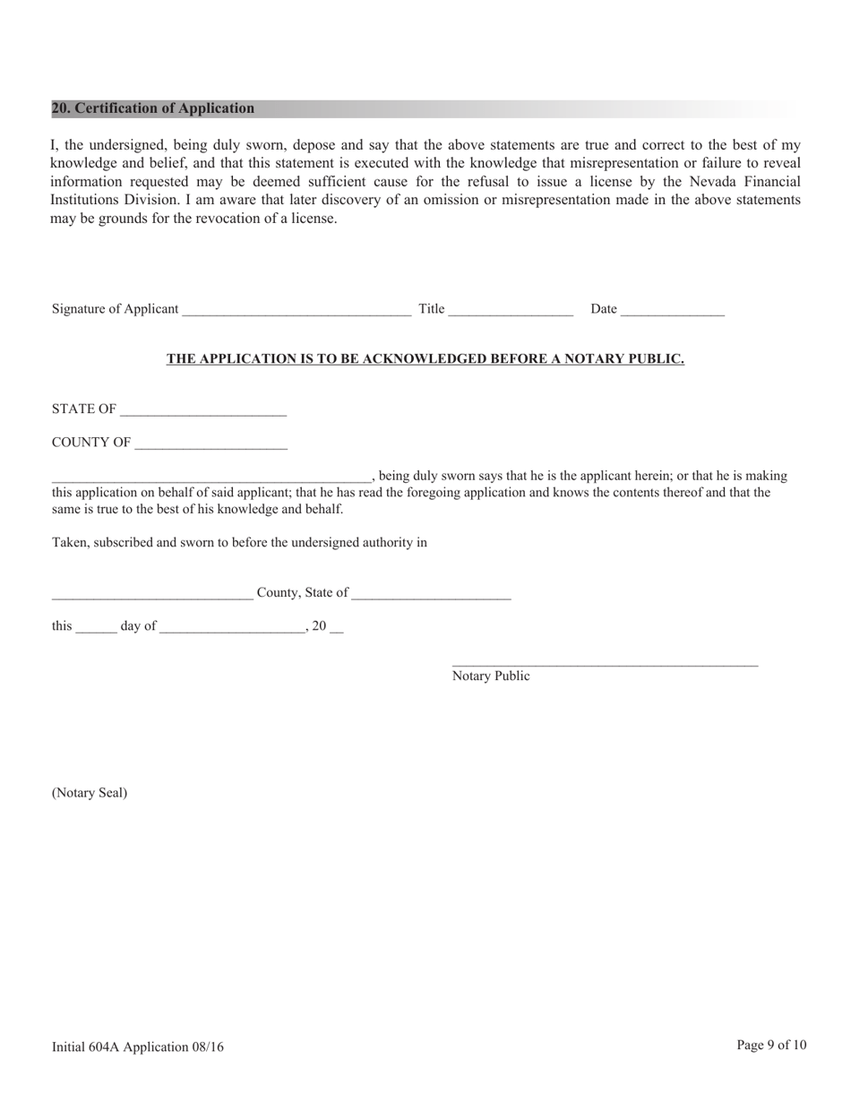 Application for Licensing Checking-Cashing Services, Deferred Deposit Loans, Title Loans and High-Interest Loan Nrs  Nac Chapter 604a Application and Checklist - Nevada, Page 9