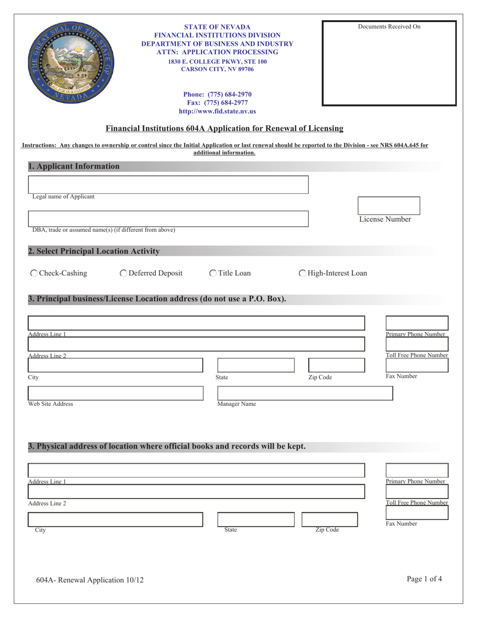 Financial Institutions 604a Application for Renewal of Licensing - Nevada, Page 1