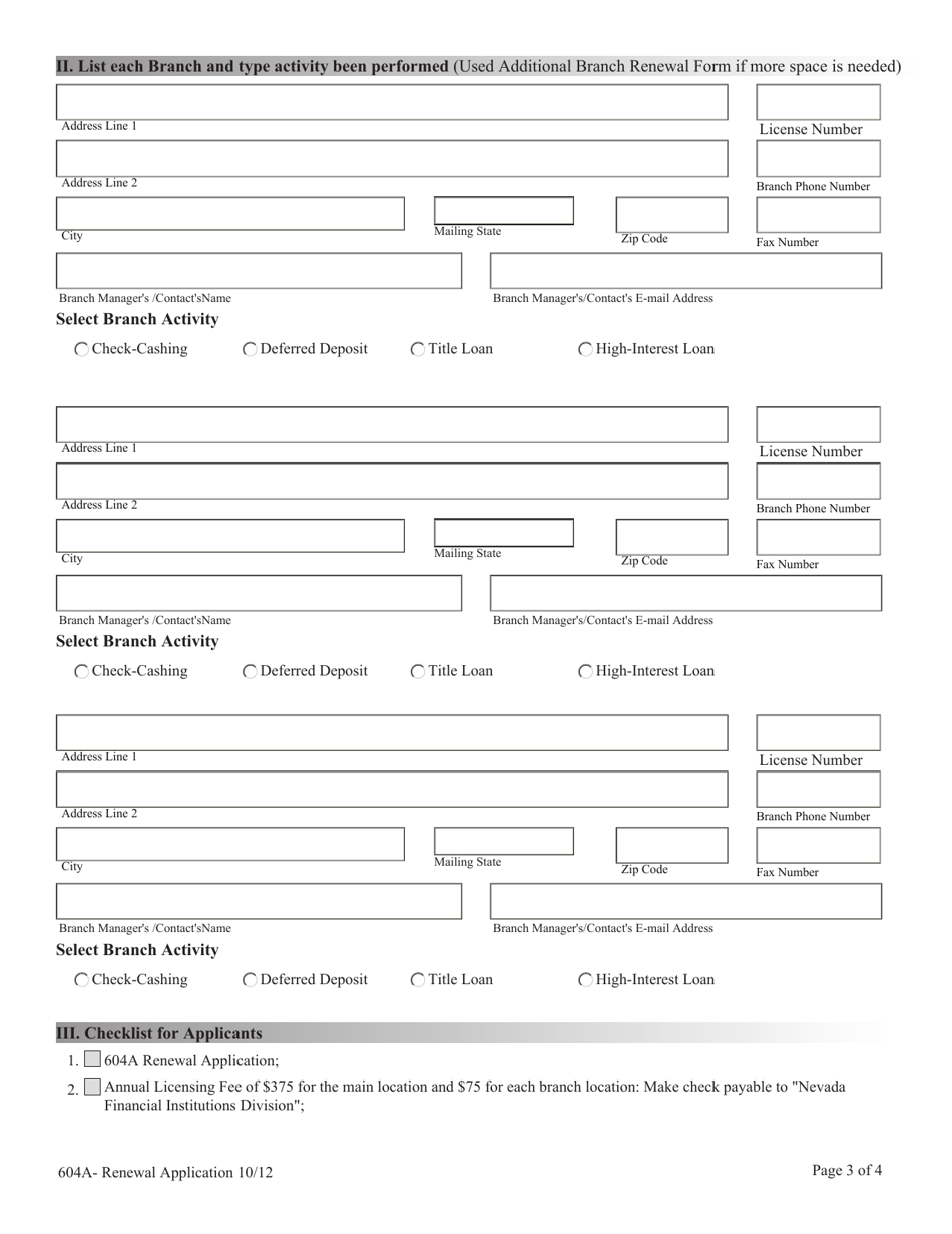 Financial Institutions 604a Application for Renewal of Licensing - Nevada, Page 3