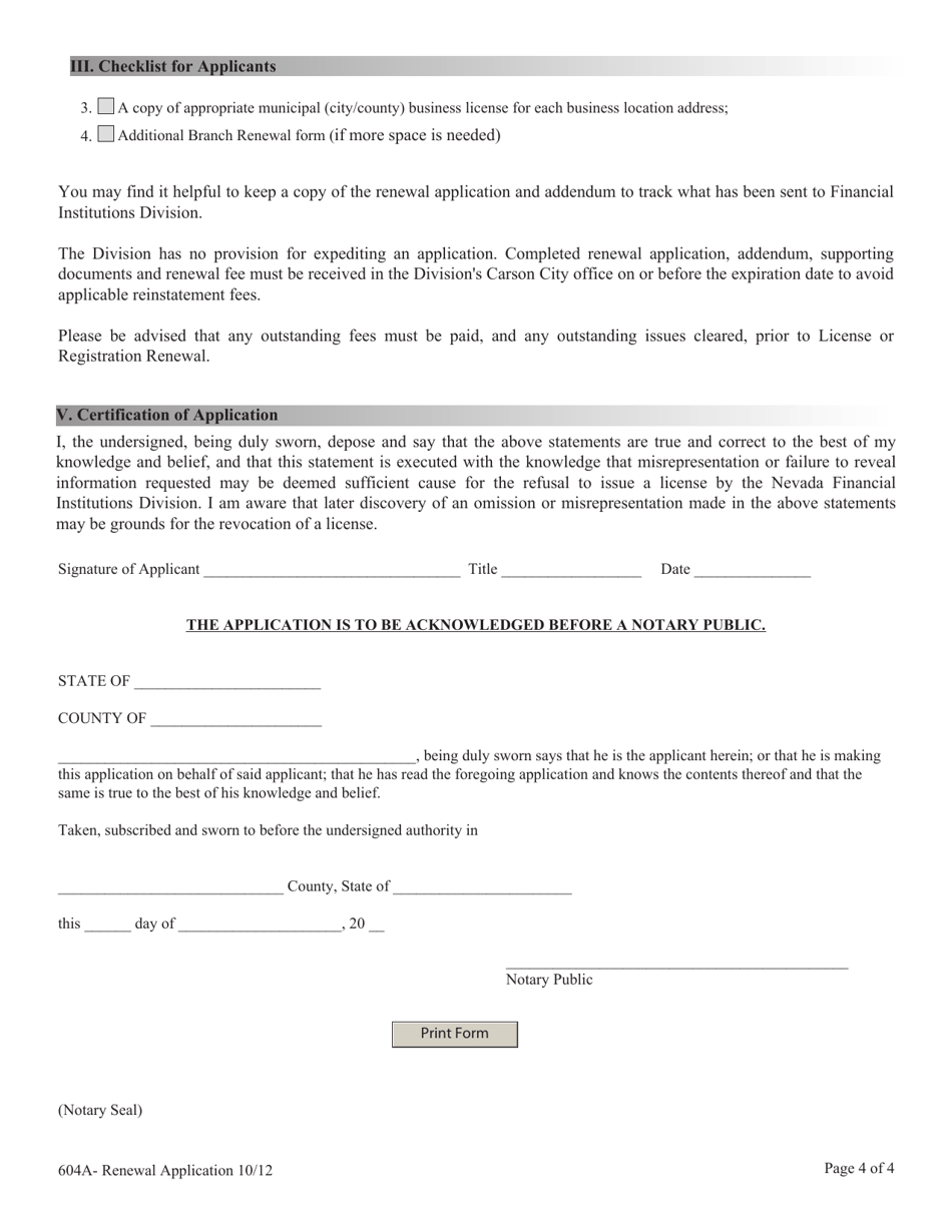 Financial Institutions 604a Application for Renewal of Licensing - Nevada, Page 4