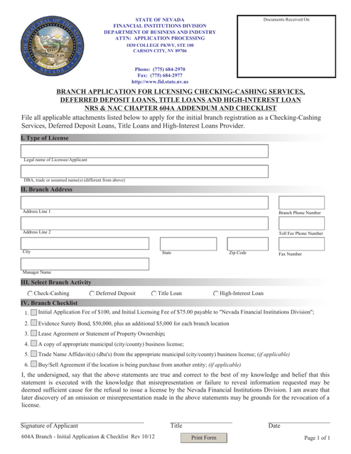 Branch Application for Licensing Checking-Cashing Services, Deferred Deposit Loans, Title Loans and High-Interest Loan Nrs & Nac Chapter 604a Addendum and Checklist - Nevada Download Pdf