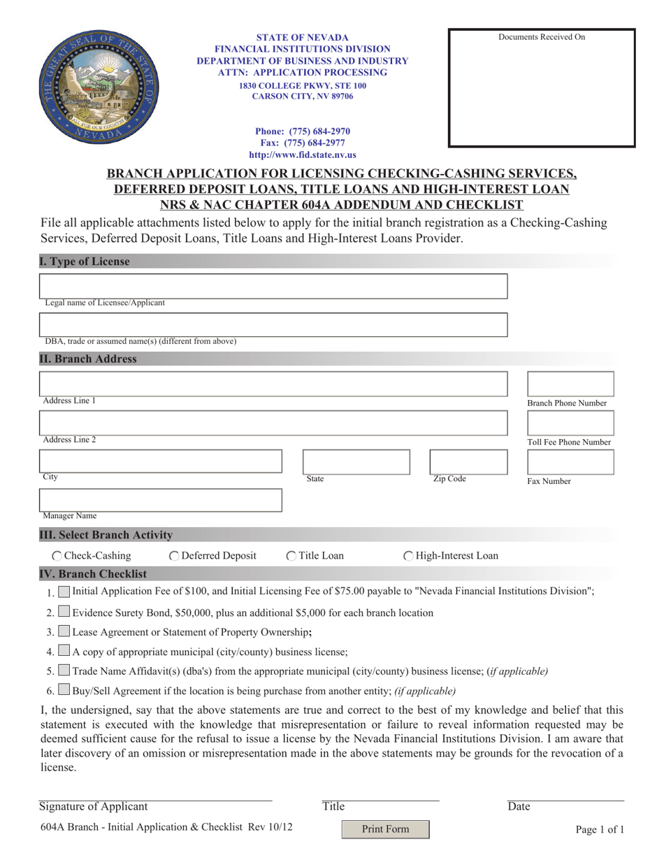 Branch Application for Licensing Checking-Cashing Services, Deferred Deposit Loans, Title Loans and High-Interest Loan Nrs  Nac Chapter 604a Addendum and Checklist - Nevada, Page 1