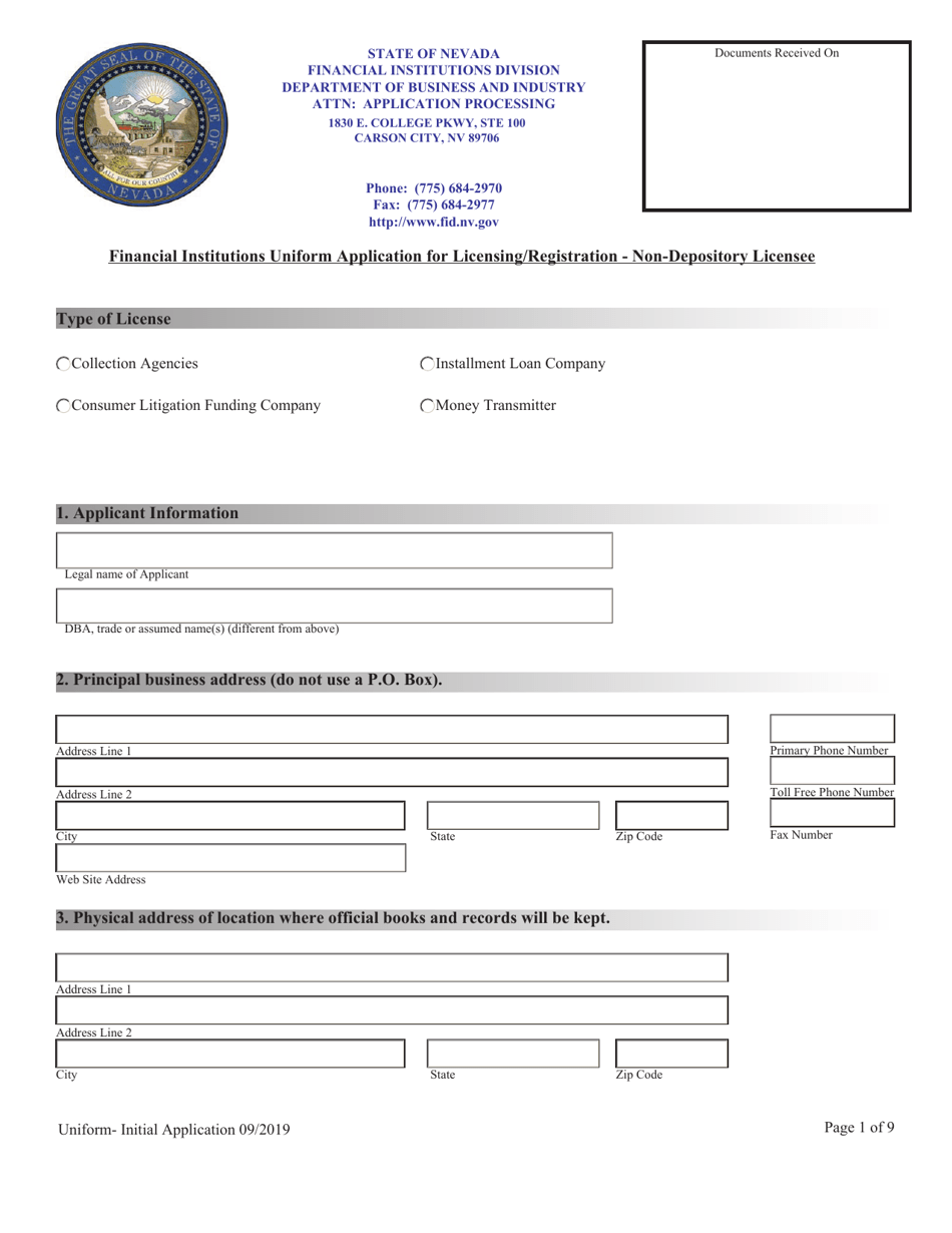 Financial Institutions Uniform Application for Licensing / Registration - Non-depository Licensee - Nevada, Page 1