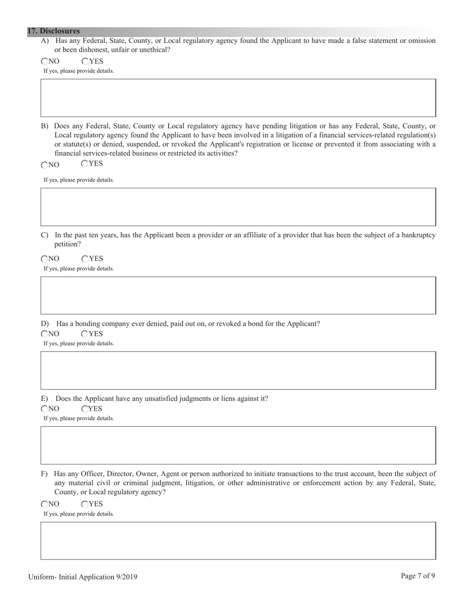 Financial Institutions Uniform Application for Licensing / Registration - Non-depository Licensee - Nevada, Page 7