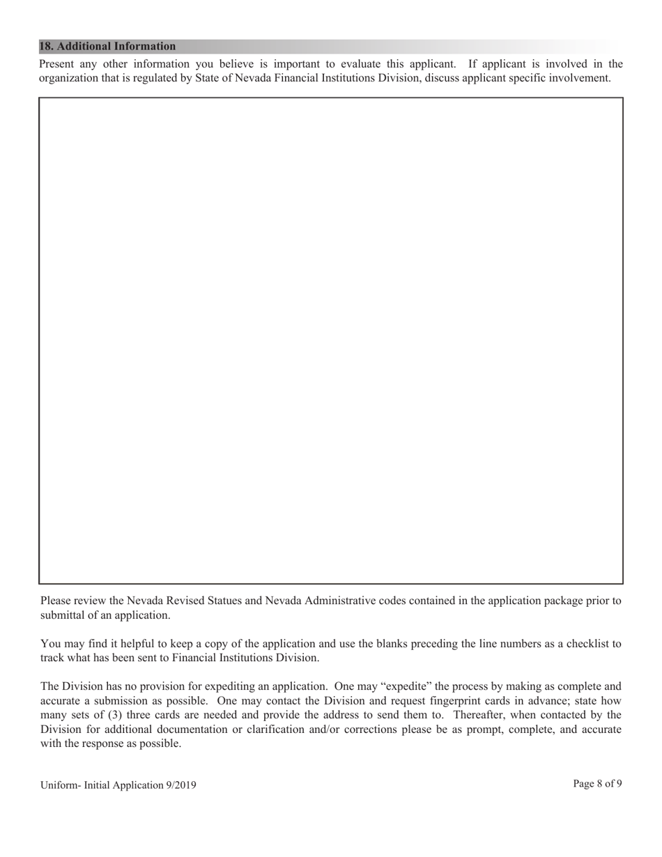 Financial Institutions Uniform Application for Licensing / Registration - Non-depository Licensee - Nevada, Page 8