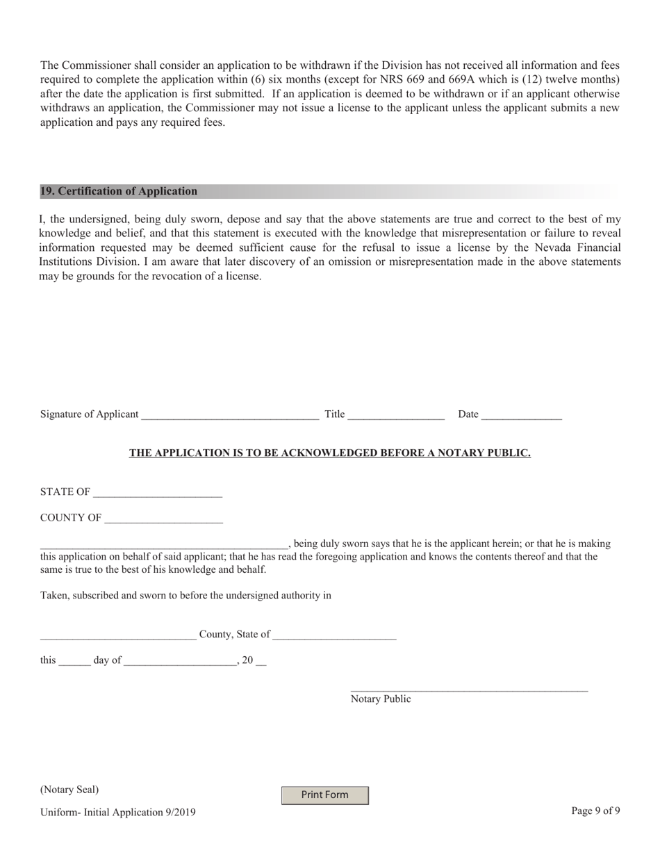 Financial Institutions Uniform Application for Licensing / Registration - Non-depository Licensee - Nevada, Page 9