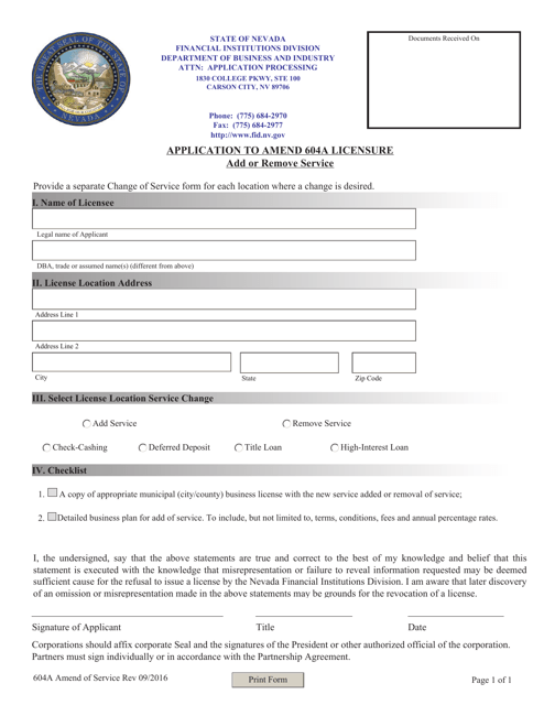 Application to Amend 604a Licensure - Add or Remove Service - Nevada Download Pdf