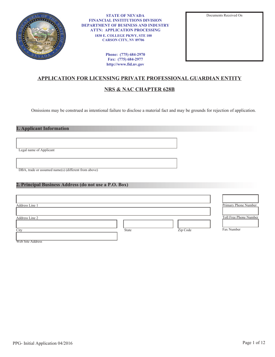 Application for Licensing Private Professional Guardian Entity - Nevada, Page 1