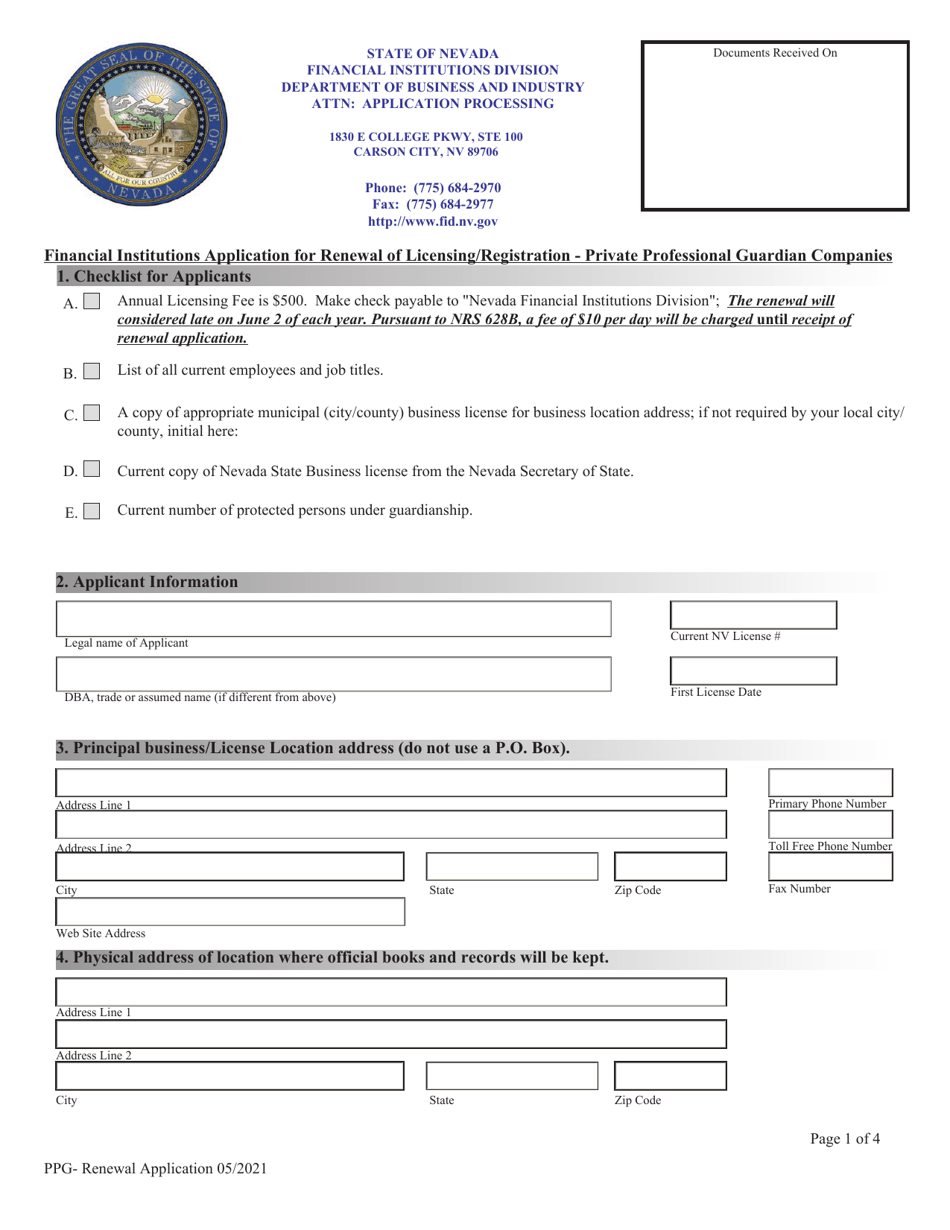Financial Institutions Application for Renewal of Licensing / Registration - Private Professional Guardian Companies - Nevada, Page 1