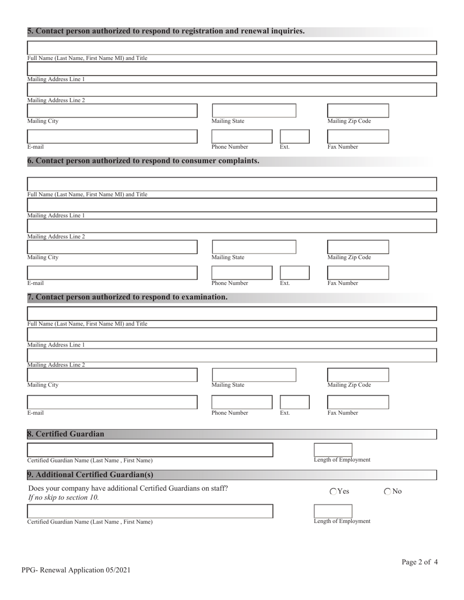 Financial Institutions Application for Renewal of Licensing / Registration - Private Professional Guardian Companies - Nevada, Page 2