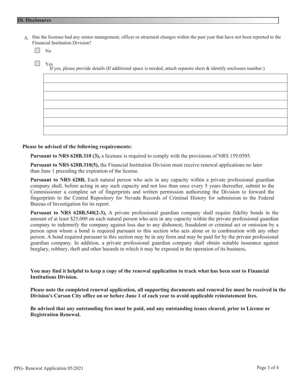 Financial Institutions Application for Renewal of Licensing / Registration - Private Professional Guardian Companies - Nevada, Page 3