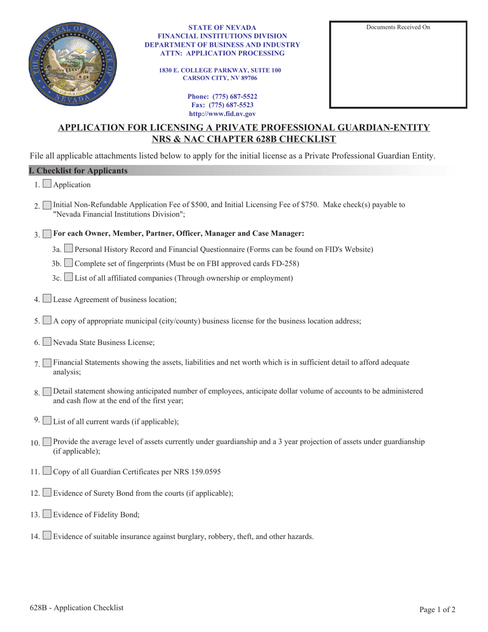 Application for Licensing a Private Professional Guardian-Entity Nrs  Nac Chapter 628b Checklist - Nevada, Page 1