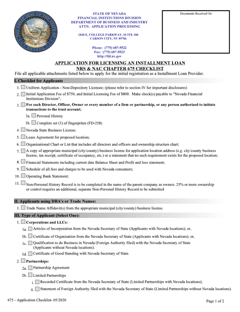 Installment Loan Company Application Checklist - Nevada Download Pdf