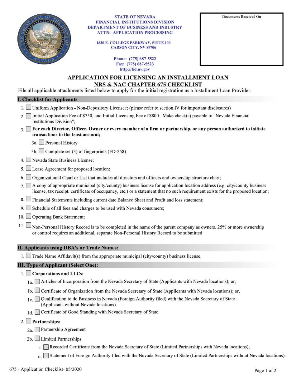 Installment Loan Company Application Checklist - Nevada, Page 1
