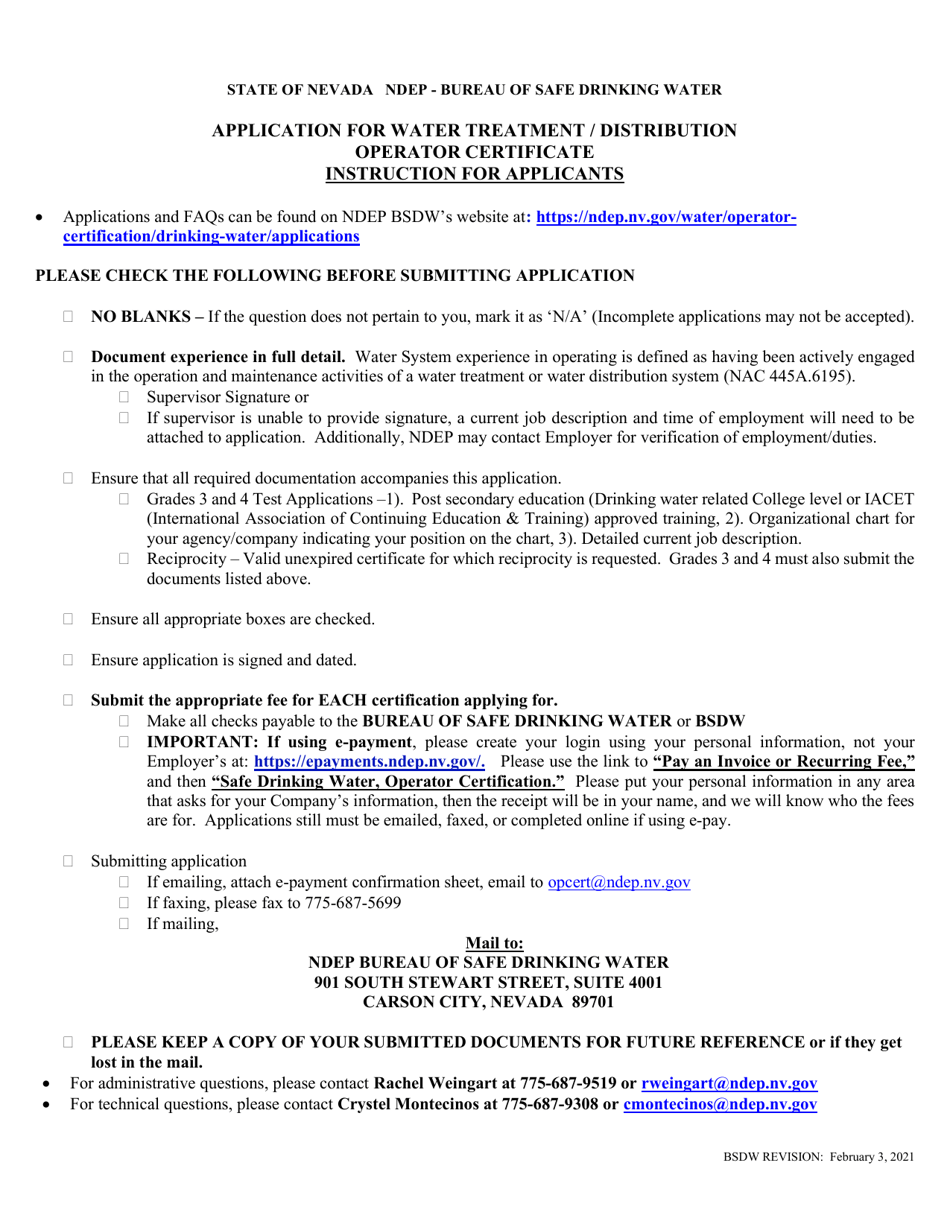 Application for Water Treatment / Distribution Operator Certificate - Nevada, Page 1