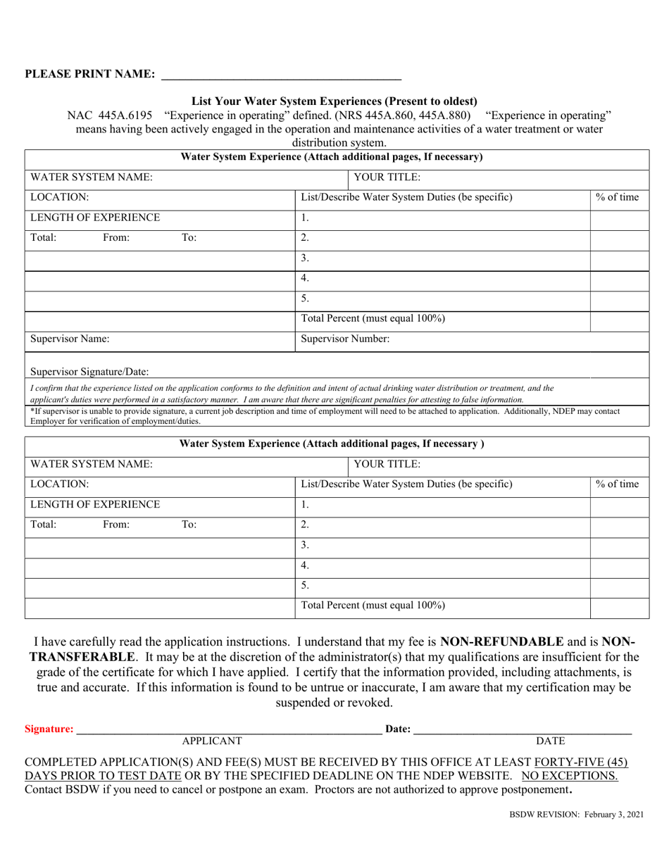Application for Water Treatment / Distribution Operator Certificate - Nevada, Page 3
