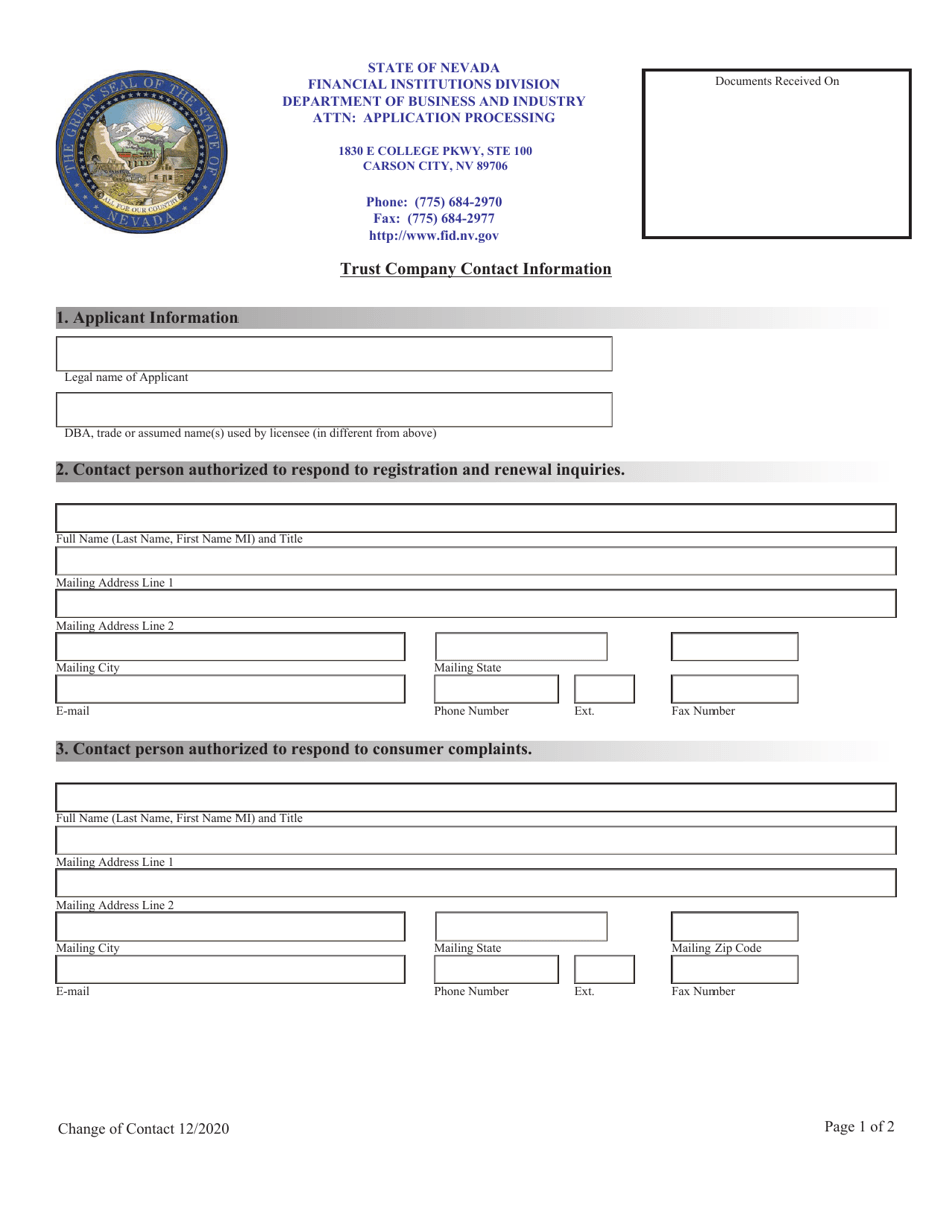 Trust Company Contact Information - Nevada, Page 1