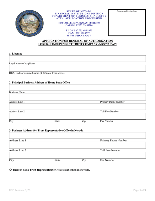 Application for Renewal of Authorization Foreign Independent Trust Company - Nrs / Nac 669 - Nevada Download Pdf