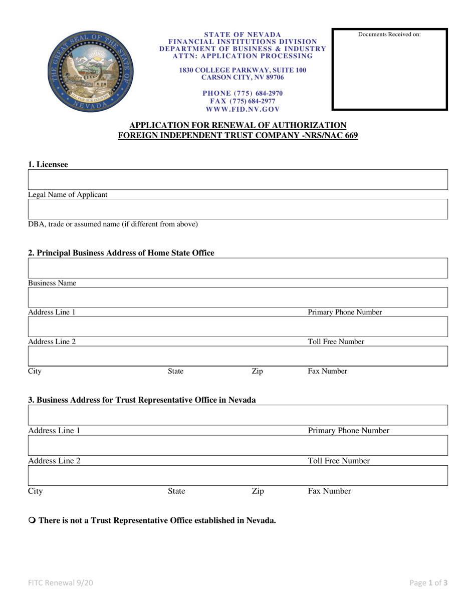 Application for Renewal of Authorization Foreign Independent Trust Company - Nrs / Nac 669 - Nevada, Page 1