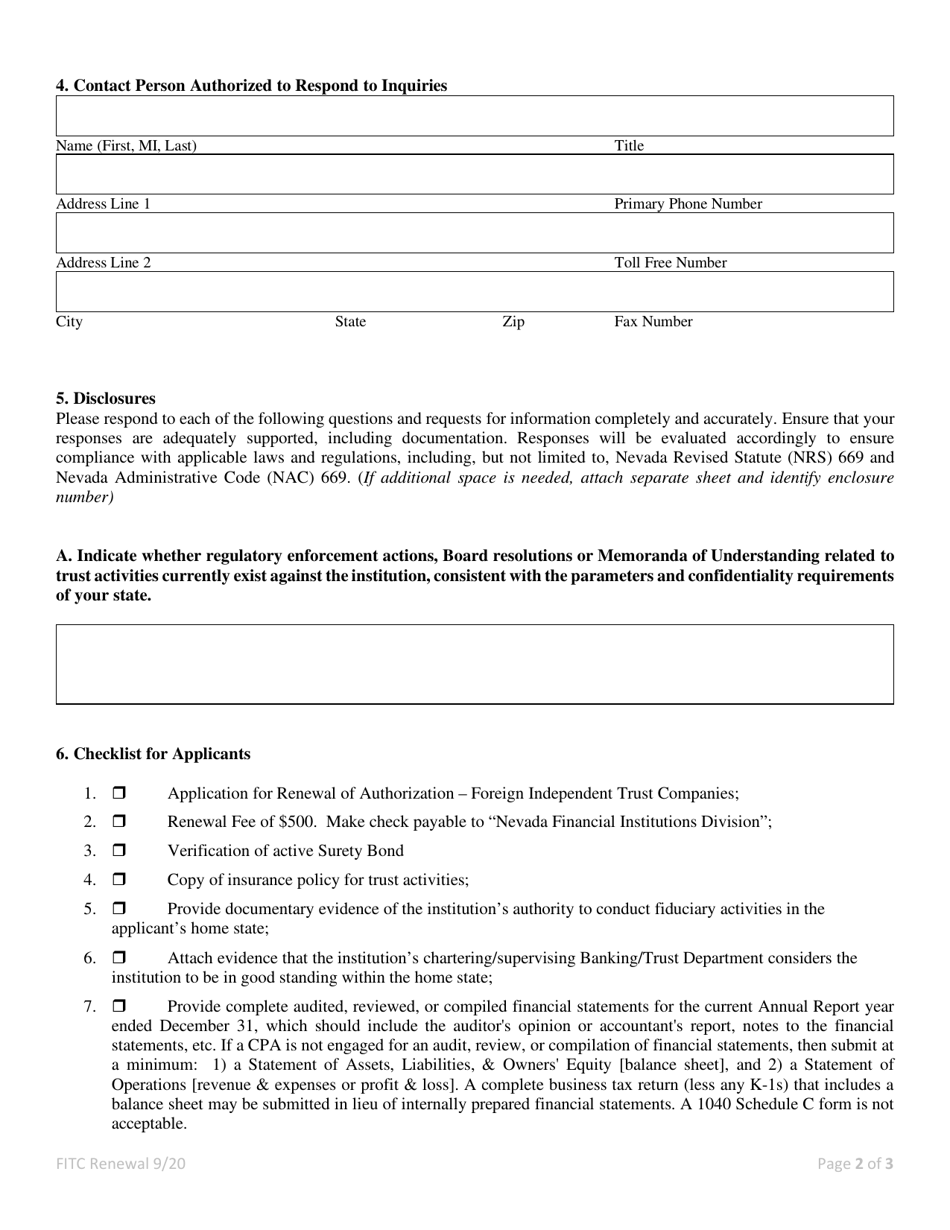 Application for Renewal of Authorization Foreign Independent Trust Company - Nrs / Nac 669 - Nevada, Page 2