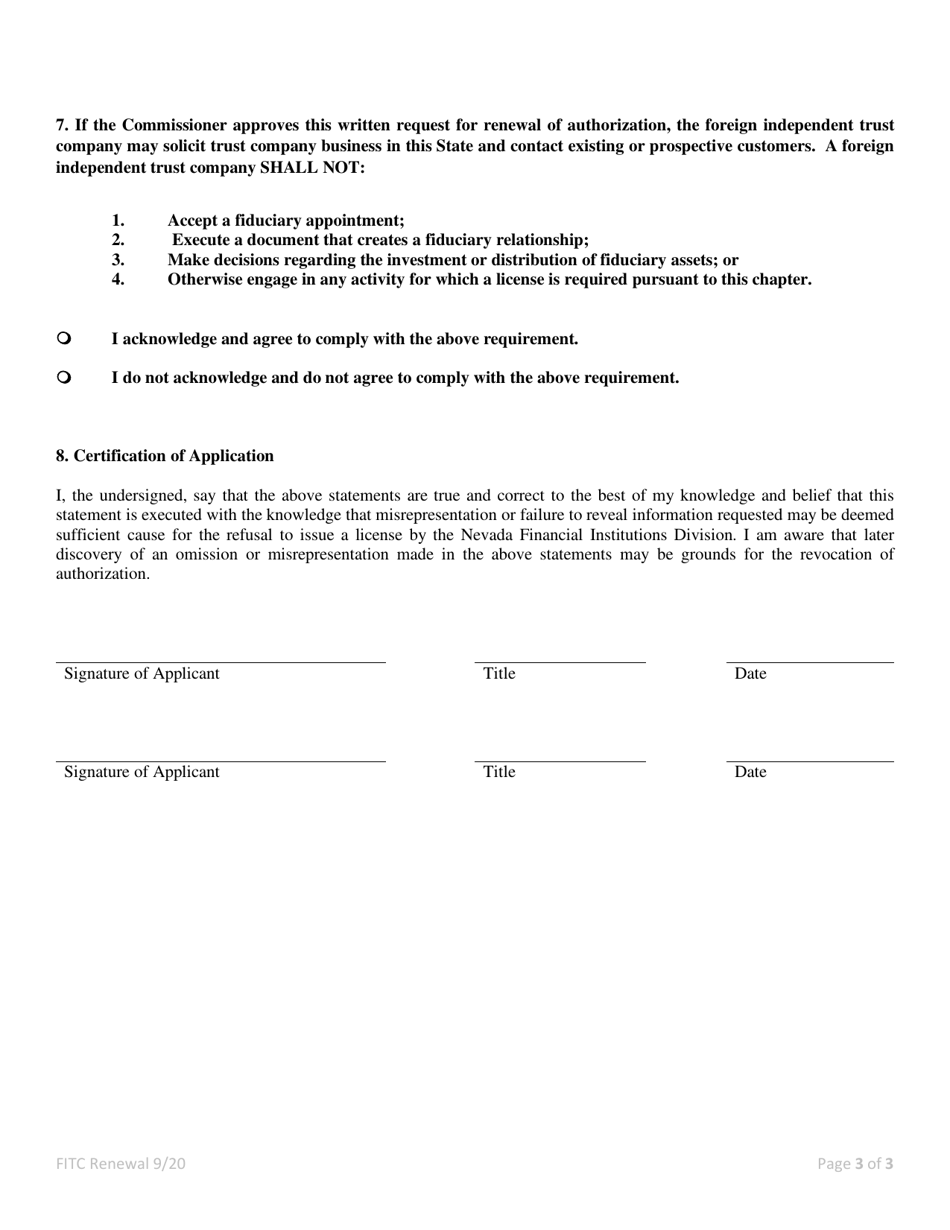 Application for Renewal of Authorization Foreign Independent Trust Company - Nrs / Nac 669 - Nevada, Page 3