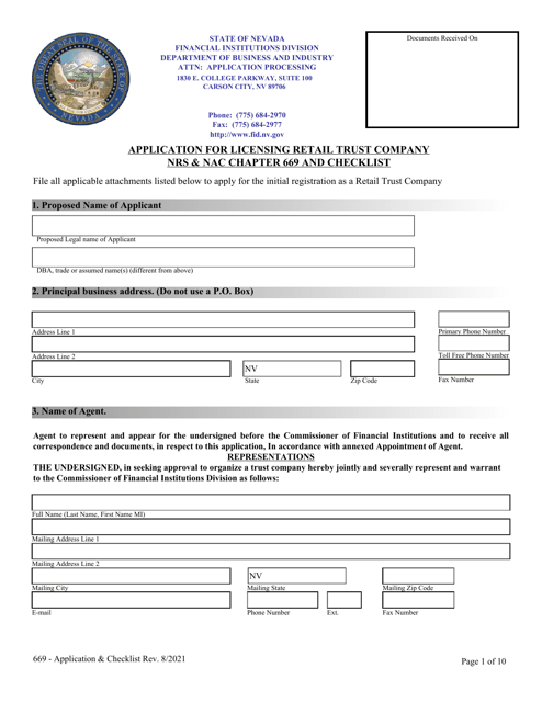 Application for Licensing Retail Trust Company - Nrs & Nac Chapter 669 and Checklist - Nevada