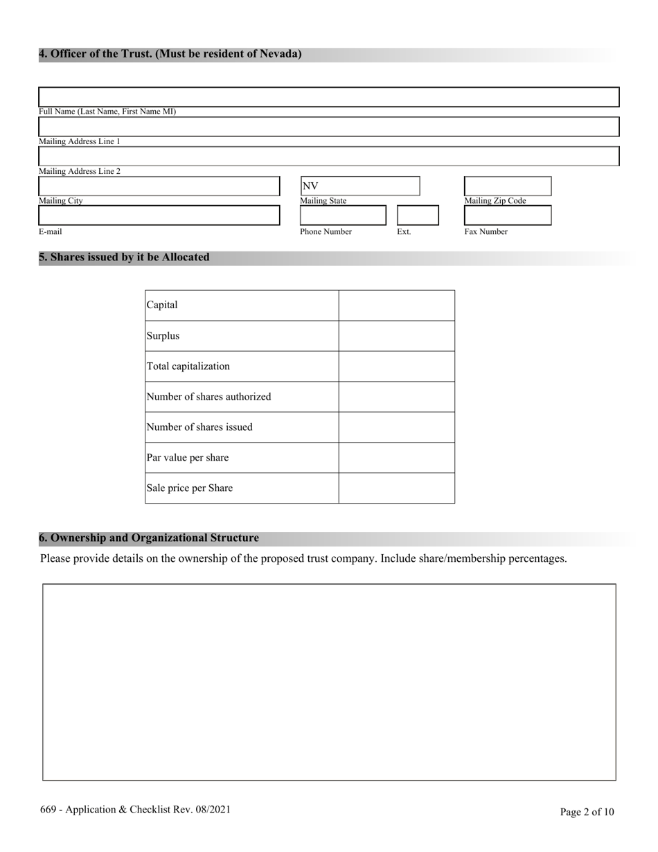 Application for Licensing Retail Trust Company - Nrs  Nac Chapter 669 and Checklist - Nevada, Page 2