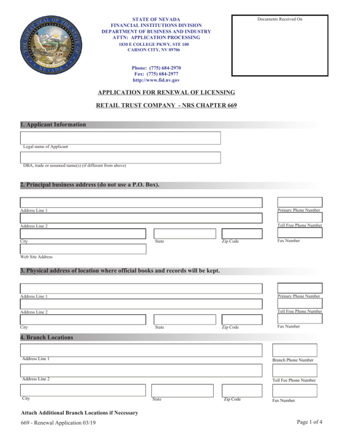 Application for Renewal of Licensing Retail Trust Company - Nrs Chapter 669 - Nevada Download Pdf