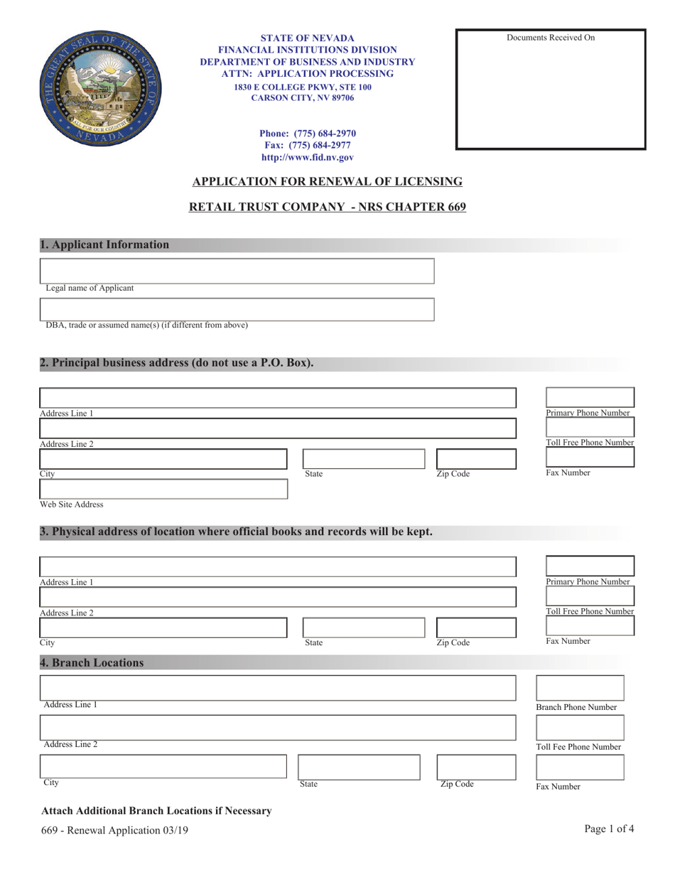 Application for Renewal of Licensing Retail Trust Company - Nrs Chapter 669 - Nevada, Page 1