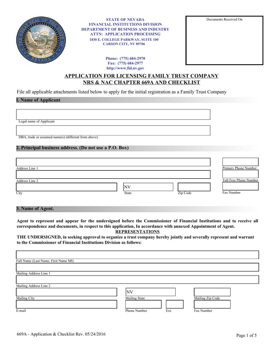Application for Licensing Family Trust Company Nrs  Nac Chapter 669a and Checklist - Nevada, Page 1