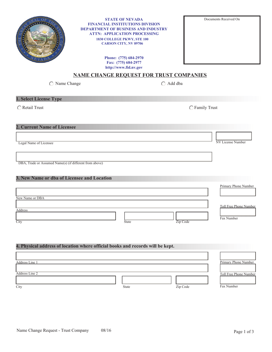 Name Change Request for Trust Companies - Nevada, Page 1