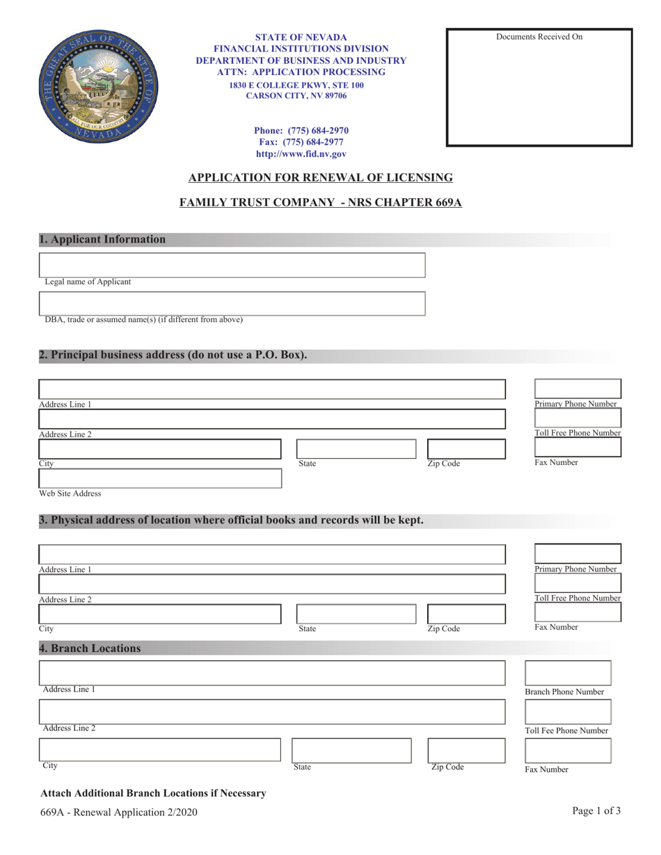 Application for Renewal of Licensing Family Trust Company - Nrs Chapter 669a - Nevada, Page 1