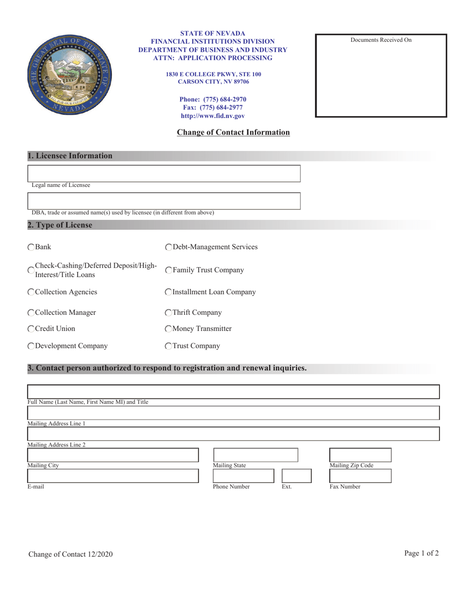 Change of Contact Information - Nevada, Page 1