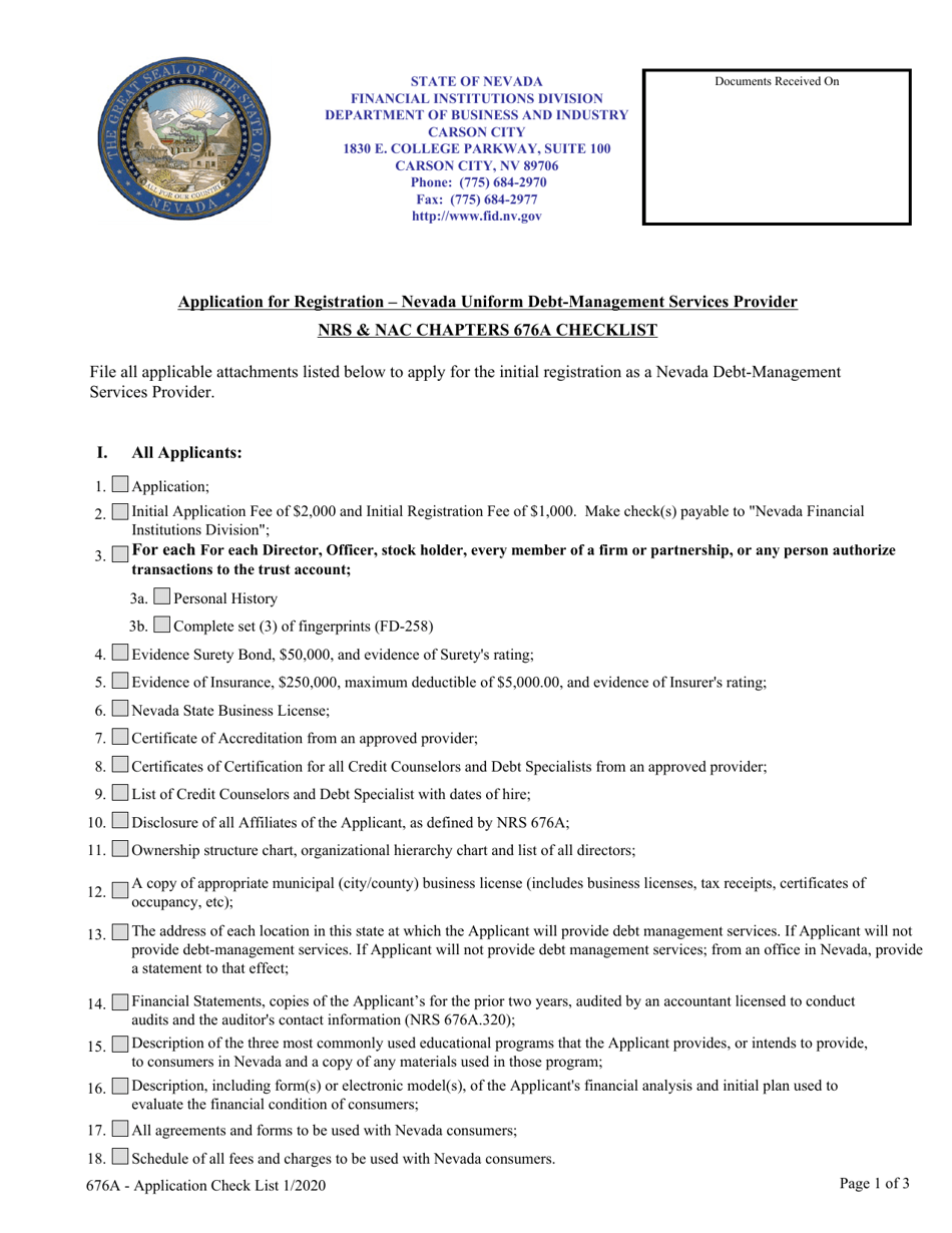 Application for Registration - Nevada Uniform Debt-Management Services Provider - Nrs  Nac Chapters 676a Checklist - Nevada, Page 1