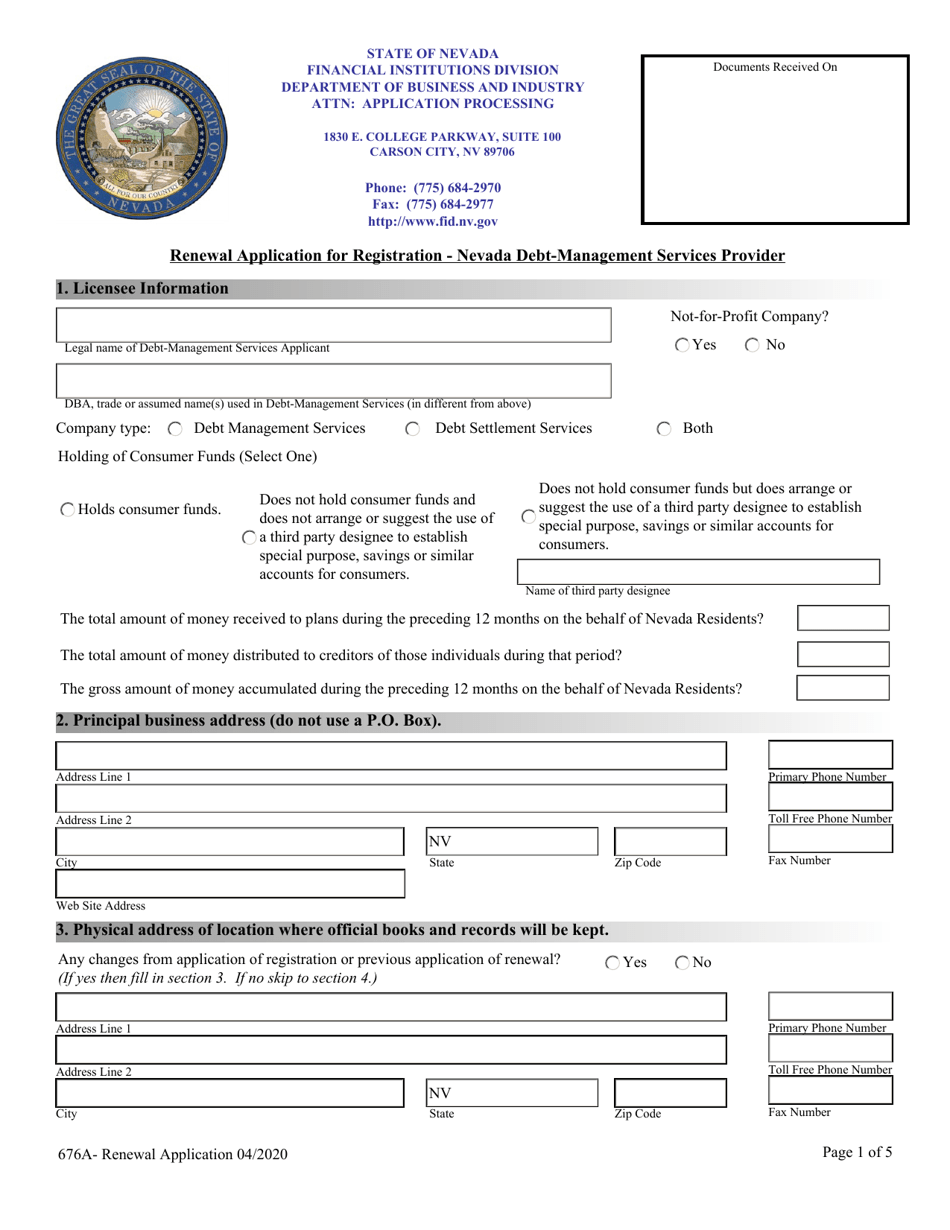 Renewal Application for Registration - Nevada Debt-Management Services Provider - Nevada, Page 1