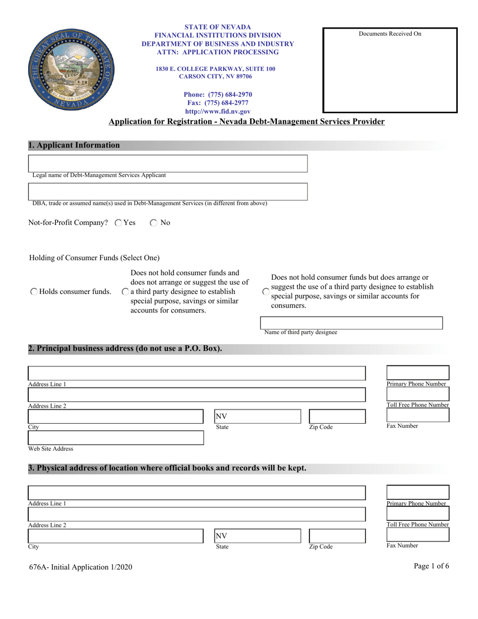 Application for Registration - Nevada Debt-Management Services Provider - Nevada, Page 1