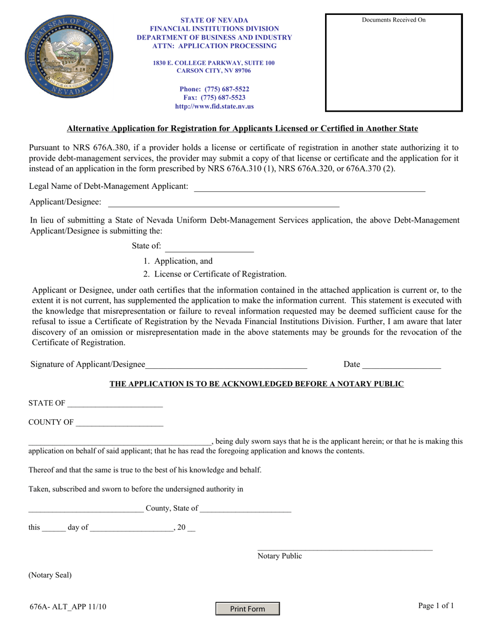 Alternative Application for Registration for Applicants Licensed or Certified in Another State - Nevada, Page 1