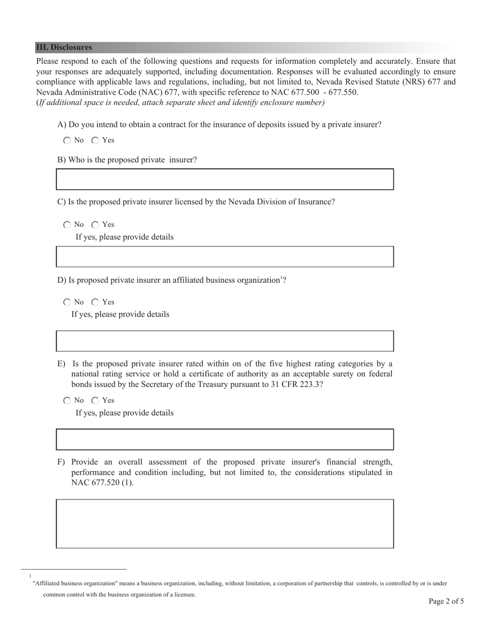 Application Addendum for Privately-Insured Thrift Company Application - Nevada, Page 2