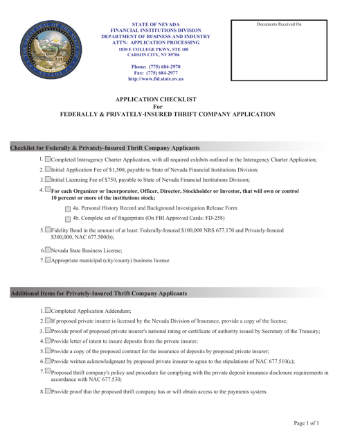Application Checklist for Federally & Privately-Insured Thrift Company Application - Nevada Download Pdf