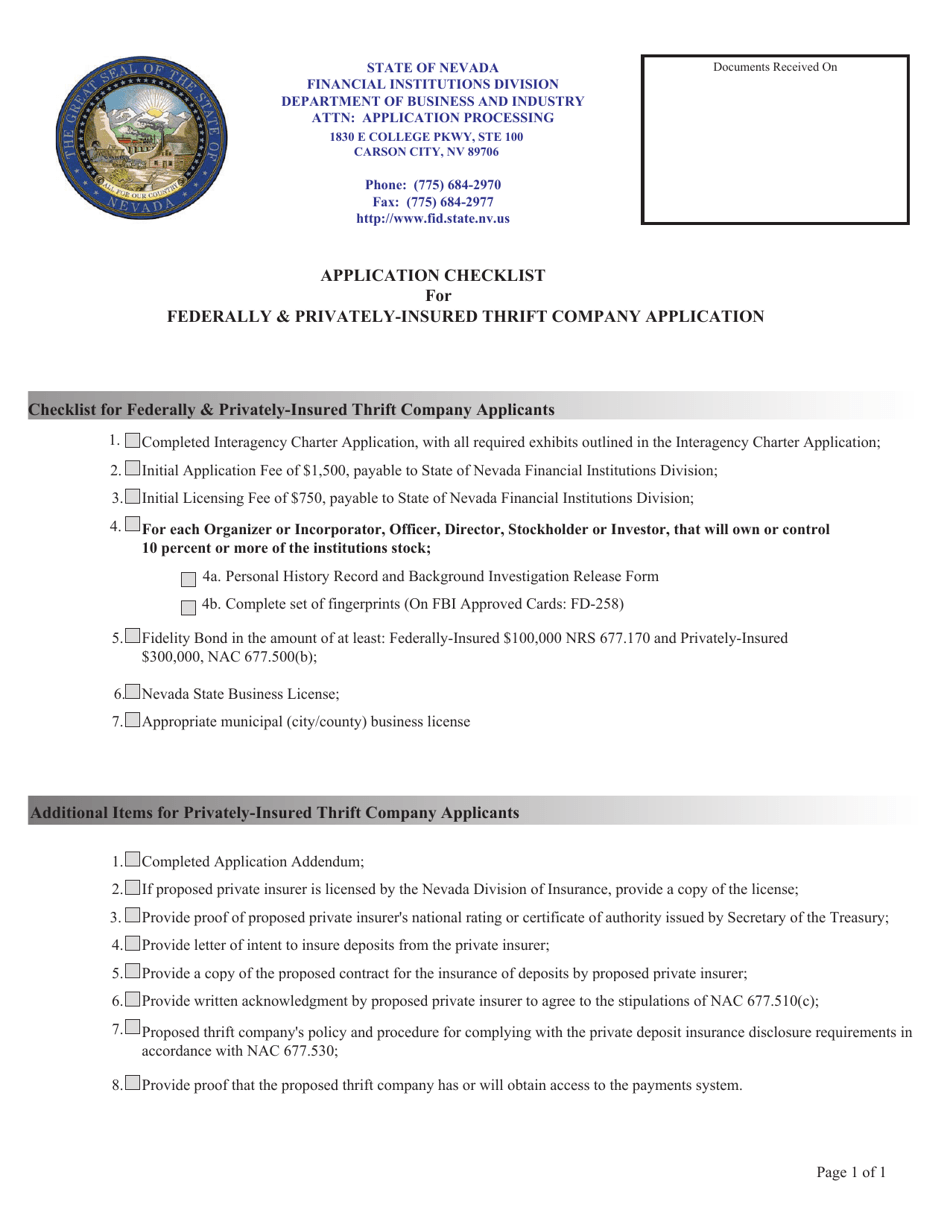 Application Checklist for Federally  Privately-Insured Thrift Company Application - Nevada, Page 1