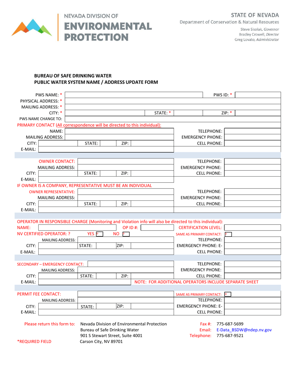 Public Water System Name / Address Update Form - Nevada, Page 1