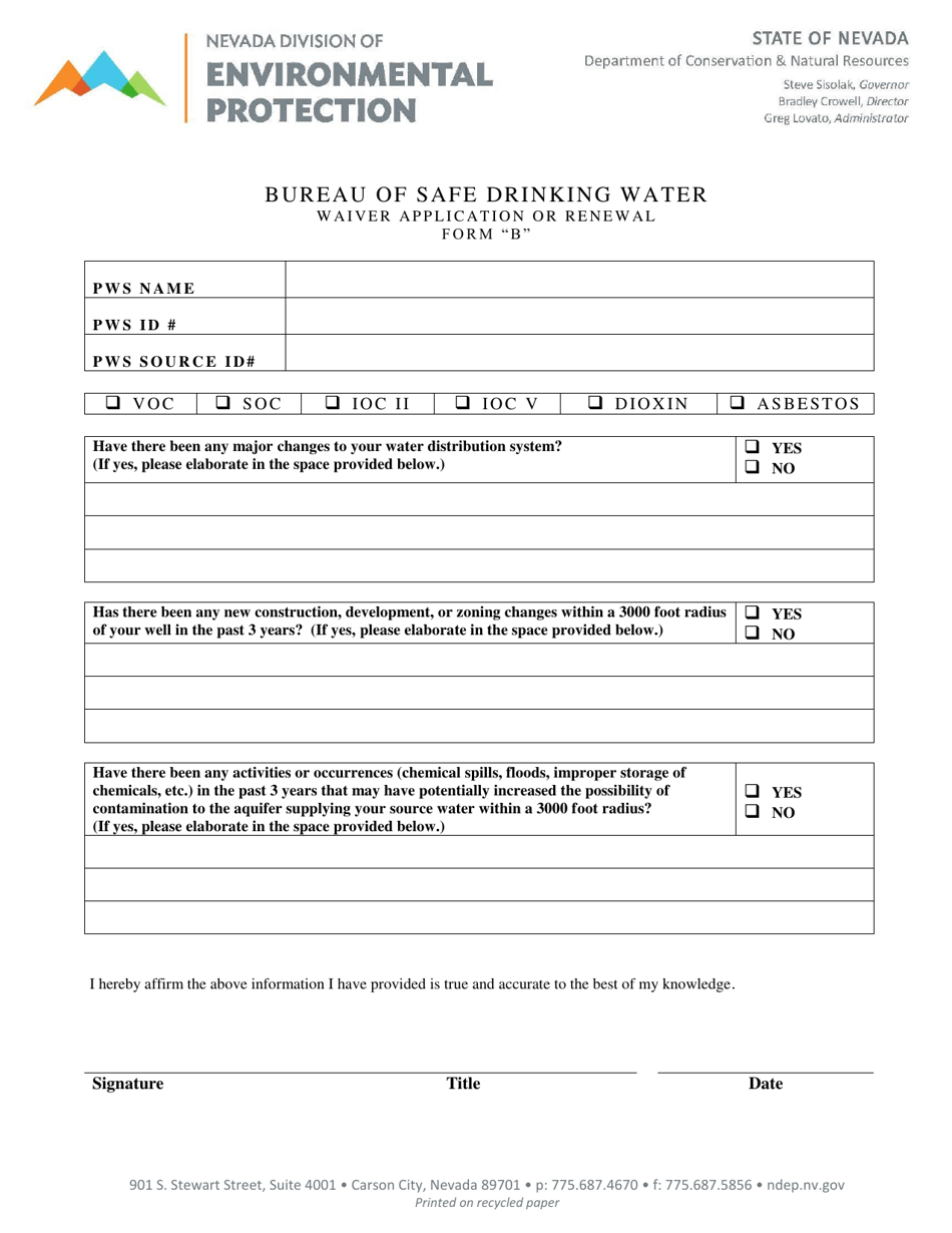 Form B Waiver Application or Renewal - Nevada, Page 1
