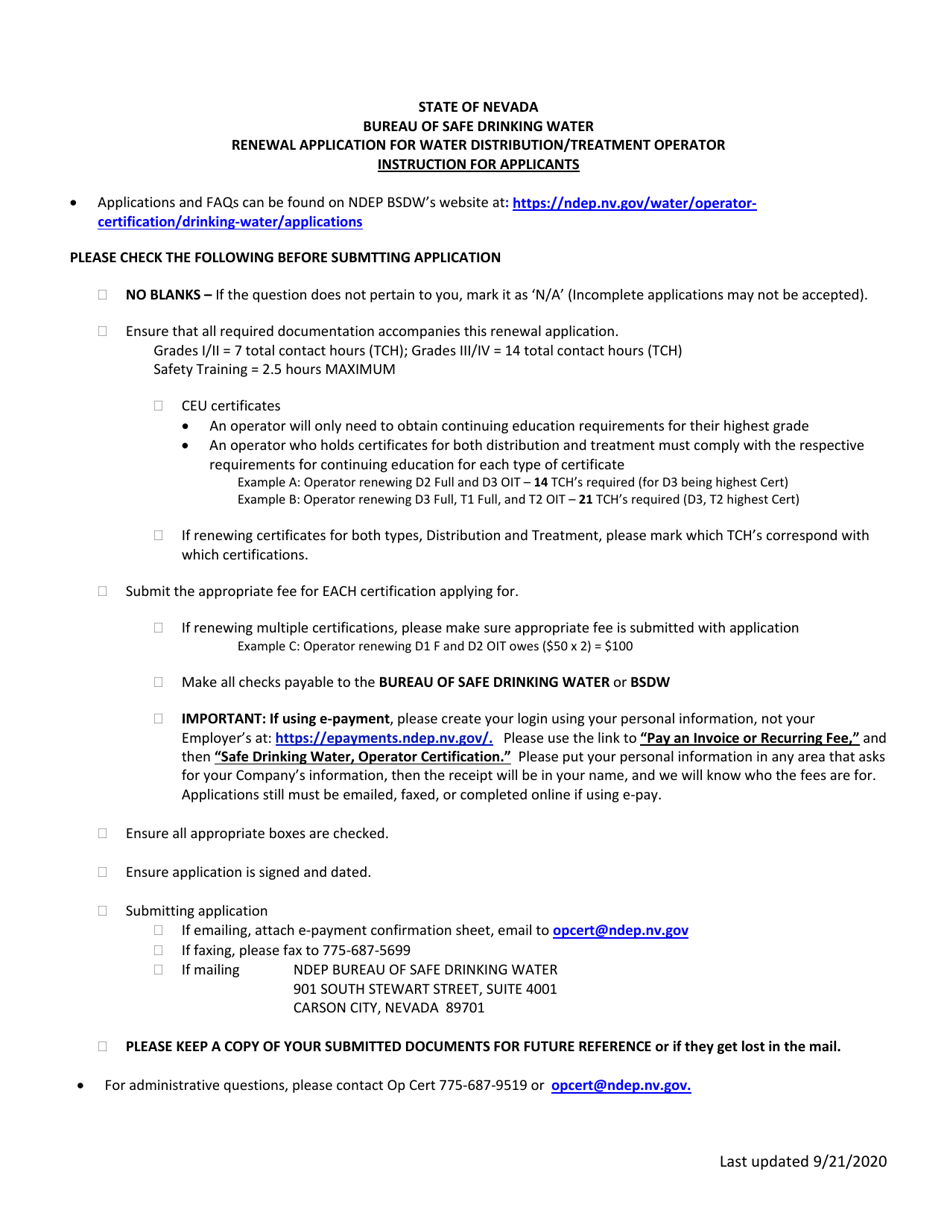 Nevada Renewal Application for Water Distribution/Treatment Operator Fill Out, Sign Online and