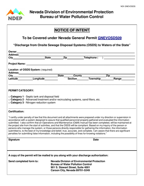 Notice of Intent to Discharge From Onsite Sewage Disposal Systems (Osds) to Waters of the State - Nevada Download Pdf