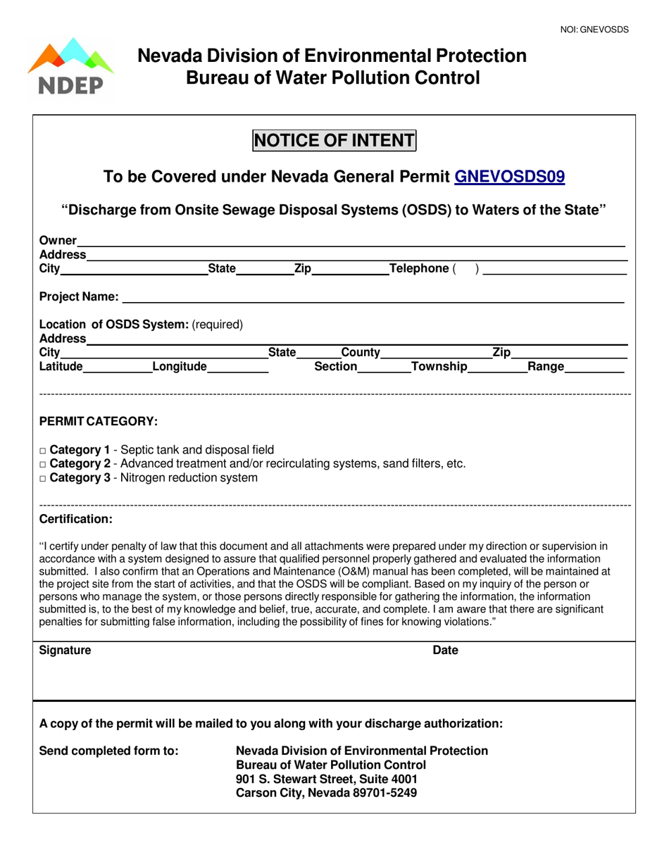 Notice of Intent to Discharge From Onsite Sewage Disposal Systems (Osds) to Waters of the State - Nevada, Page 1