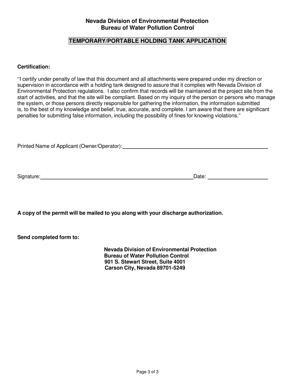 Temporary Holding Tank Application - Nevada, Page 3